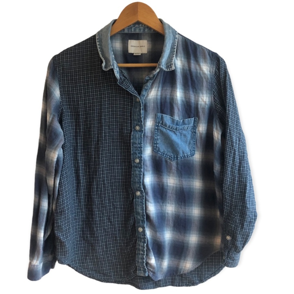 American Eagle mixed blue flannel denim button down shirt Sz XS